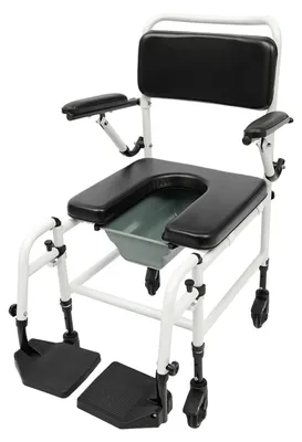 Image de Siège de douche/toilettes mobile - Siège de douche/toilettes réglable en hauteur - Roues avec frein de stationnement - Assise rembourrée - Accoudoirs rabattables - Structure en métal - Noir