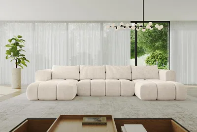 A modern living room with a large U-shaped sofa.