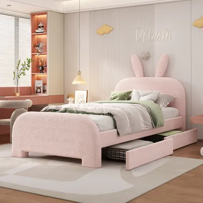 A child's bedroom with a pink bunny-themed bed.