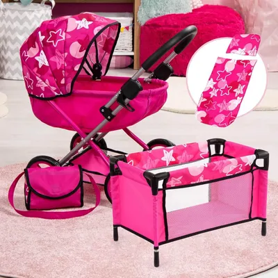 Immagine prodotto di Carrozzina per bambole Cosy Set stelle rosa