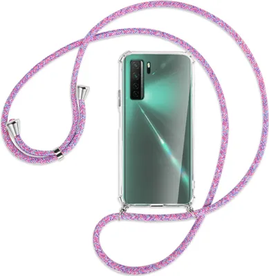 Produktbild von Handykette Backcover-Schutzhülle mit Band (Metall silberfarben) für Huawei P40 lite 5G - lila/rosa/blau