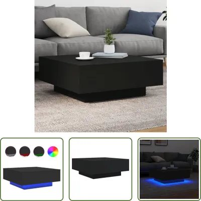 A collage of images showing a black coffee table with LED lights, including different color options and a lifestyle shot in a living room.
