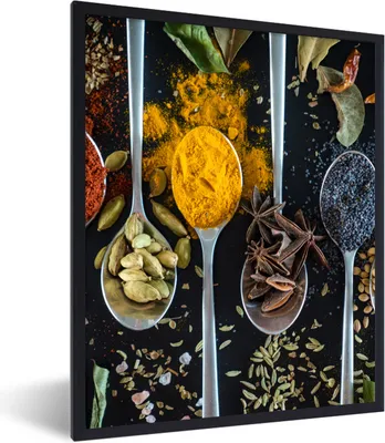 Produktbild von MuchoWow® Gerahmtes Poster Kräuter - Löffel - Gewürze - Schwarz - Küche 30x40 cm - Poster mit Schwarzem Bilderrahmen Wandposter Rahmen Foto Bilder - Wanddeko - Kunstdrucke
