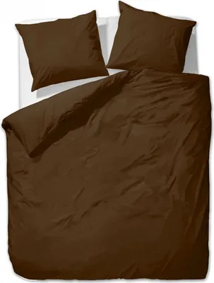 A top-down view of a brown duvet and two brown pillowcases laid out on a white surface.