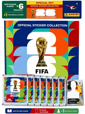 Produktbild von XXL Fan Starterset world cup stickers 2026 – Original Panini Sticker Album Soft-Cover + 6 Tüten & Special Glitzer DFB Sticker