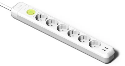 Image de Multiprise avec 6 prises, 2 ports USB et un interrupteur, câble de 1,5 mètre