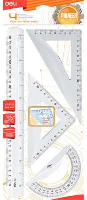 Image de Kit de géométrie 4 pièces : règle, rapporteur, équerre Deli transparente
