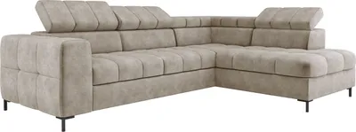 A beige sectional sofa with adjustable headrests is shown against a white background.