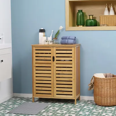 Produktbild von Badezimmerschrank Bambus Lamellendesign Kompakt Viel Stauraum Naturholz