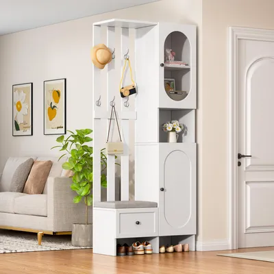 Zdjęcie produktu dla Zestaw garderoby Merax z 2 szafkami, szafka do przedpokoju 85x33,5x200 cm, ławka na buty z szufladą, 6 haczyków i szklane detale, oszczędność miejsca i wielofunkcyjność, biały