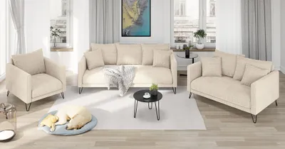 Produktbild von S-STYLE MÖBEL - Harmony - Modernes Polstergarnitur 3+2+1 aus Beige Chenille-Stoff mit Hohen Schwarzen Metallfüßen