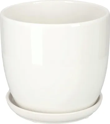 A white ceramic plant pot with a matching saucer, isolated on a white background.