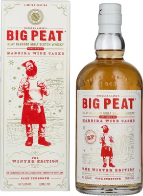 A bottle of Big Peat Winter Edition Madeira Wine Cask whisky and its accompanying box, displayed side-by-side.
