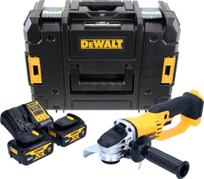 A DeWalt angle grinder set including the tool, batteries, charger, and storage case, displayed on a white background.