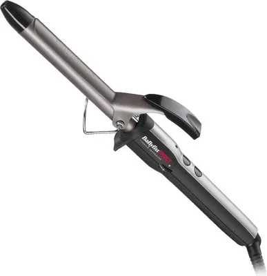 A professional studio shot of a curling iron against a white background.