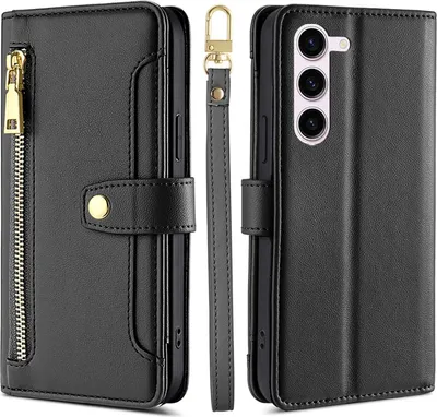 A black leather wallet-style phone case with a zipper pocket and a wrist strap is displayed from multiple angles.