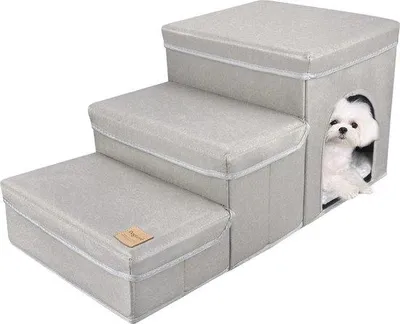Produktbild von Famanu Hundetreppe mit 3 Stufen - Faltbar und Multifunktional - Tiertreppe für kleine Hunde und Katzen - Grau