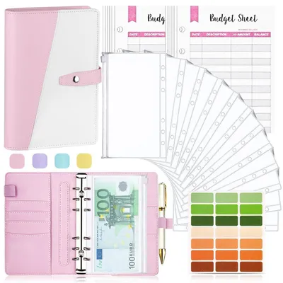 Produktbild von Budget Binder A6 Kunstleder Rosa mit Geldumschlägen und Zubehör