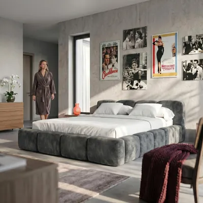 Produktbild von MUFFO Polsterbett SUENO 200x200 mit Matratze cm in Grau, gepolstertes Kopfteil, Metalllattenrost, Bettkasten, Velour-Stoff, KI-generiertes Bild