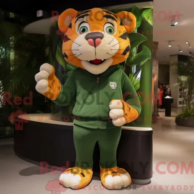 Produktbild von Maskottchenfigur REDBROKOLY eines olivgrünen Tigers mit Jeggings und Broschen