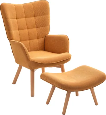 Produktbild von HOMCOM Sessel mit Hocker, Ohrensessel mit Hoher Rückenlehne Holzbeine Cord Braun