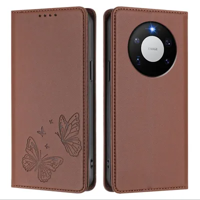 Image de Étui en cuir pour Huawei Mate 80 Pro, étui de protection type portefeuille en cuir gaufré « papillon » avec support, marron