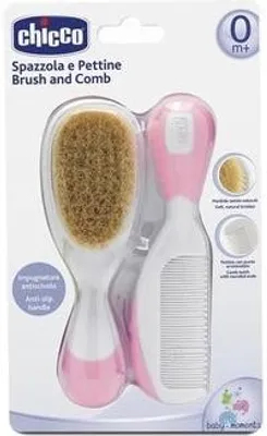 Produktbild von Chicco Baby Bürste und Kamm Set, Rosa, sichere Naturborsten, abgerundete Enden