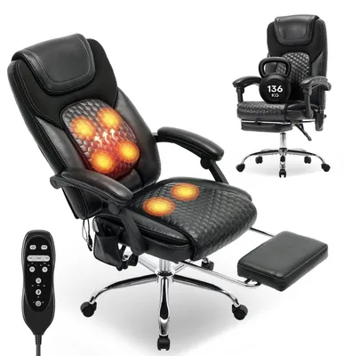 Image de Chaise de bureau ergonomique, Massage 6 points avec chauffage lombaire 3 niveaux, Inclinaison 94-125° réglable avec repose-pieds extensible – Noir