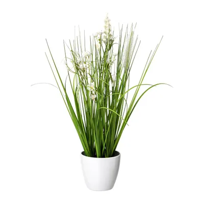 Produktbild von CREATIV green künstlicher Blüten-Gras-Mix im Topf 46cm, künstliches Dekogras mit weißen Blüten als Frühlingsdeko