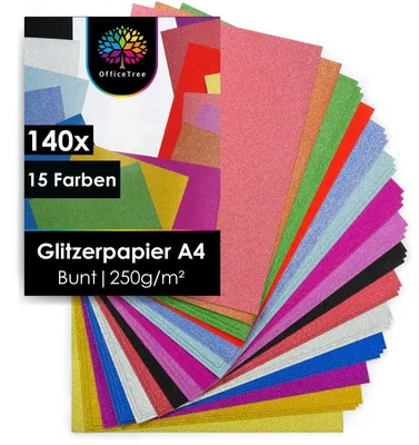 Produktbild von OfficeTree Glitzer Papier A4 - 140 Blätter in 15 Farben mit 250g/m²