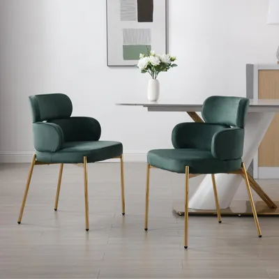 Image de Set de 2 chaises de salle à manger rembourrées en velours, modernes, vertes