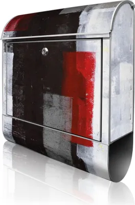 Produktbild von banjado Design Briefkasten Stahl silber mit Zeitungsfach pulverbeschichtet "Abstrakt Rot" 38x46x12,5cm & 2 Schlüssel - Postkasten A4 Einwurf inkl. Montagematerial [BK 11556]