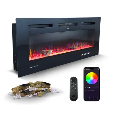 A modern electric fireplace with logs, a remote control, and a smartphone app interface displayed on a white background.