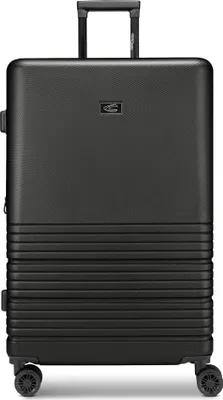 A black suitcase with wheels and a retractable handle.