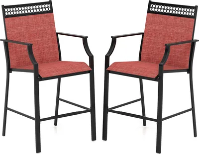 Immagine prodotto di Set da 2 sedie da giardino, set da 2 sgabelli da bar in tessuto, sedie da giardino con poggiapiedi, schienale alto e braccioli, sedia con robusta struttura in metallo, rosso
