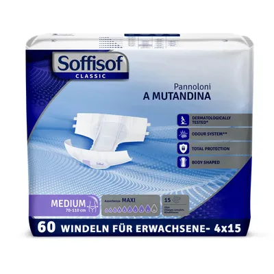 Zdjęcie produktu dla Soffisof Classic pieluchomajtki dla dorosłych Maxi M - 60x majtki chłonne - 4 opakowania po 15 pieluch dla dorosłych, 9 kropli - spodnie chłonne