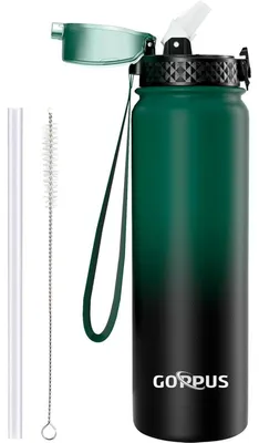 Produktbild von Thermosflasche 1L Edelstahl mit Strohhalm, auslaufsicher, BPA-frei, Grün/Schwarz