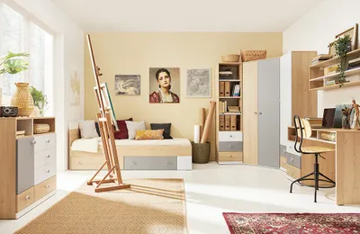 Produktbild von Jugendzimmer Kinderzimmer Set in Eiche mit weiß und grau PINETO-133, 7-teilig, inkl. 120x200cm Bett