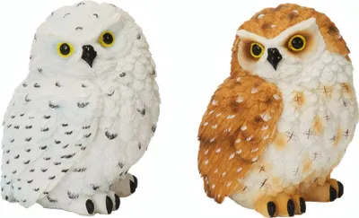 Two decorative owl figurines are shown side-by-side against a white background.