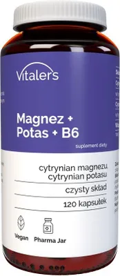 Obrázok produktu pre Vitaler's Magnesium 100 mg + draslík 150 mg + vitamín B6 10 mg – 120 kapsúl, vegánsky, 4-mesačné doplnkové stravovanie, bez konzervačných látok, čisté zloženie