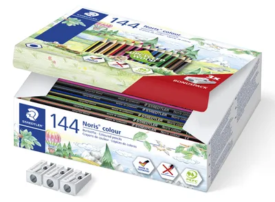 Produktbild von STAEDTLER Noris colour 185 Buntstift Klassensatz mit 144 Stiften in 12 Farben und Spitzern