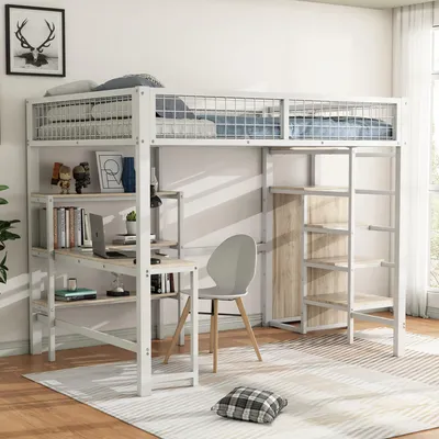 Productafbeelding van Hoogslaper van ijzer met bureau en kledingkast, 140x200 cm, wit - Ingebouwde plank met opbergruimte - Verschillende legplanken - Ruimtebesparend LOFT-design
