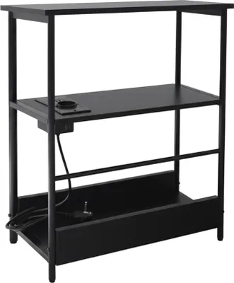 Image de Table d'appoint Relaxdays avec prise électrique et ports USB, 2 étagères et un compartiment à journaux, dimensions : 58 x 45 x 18 cm, table de chevet, noir