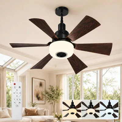 Produktbild von E27 Deckenventilator mit Beleuchtung Fernbedienung, Leise Decken Ventilator mit Bluetooth Lautsprecher,3 Windstufen,RGB,Dimmbar,Neigbar,6 Höhen (52CM)