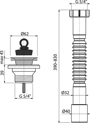 Obrázek produktu pro Alcadrain flexibilní přípojka s plastovou maticí 5/4"×32/40 + vypouštěcí ventil pro umyvadla 5/4" s nerezovou mřížkou DN63