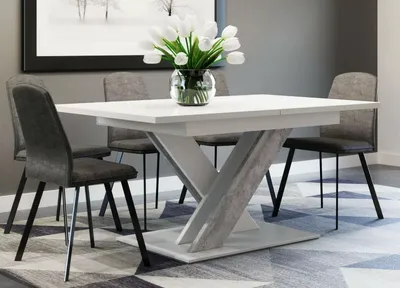 Produktbild von Esstisch BRONX, Stilvoll, Ausziehbar Esszimmertisch, Design Tisch, Esszimmer (Farbe: Weiß Hochglanz + Beton)