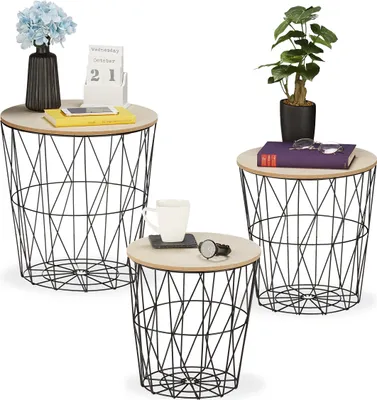 Produktbild von Relaxdays Korbtisch 3er Set, rund, Korb Beistelltisch Wohnzimmer, Metall & Holzoptik, 3 Größen, Drahtkorb-Tisch, schwarz