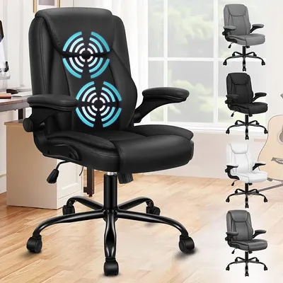 Produktbild von Ergonomisch Bürostuhl Massage Chefsessel, Schreibtischstuhl Armlehnen höhenverstellbarer, Drehstuhl Wippfunktion 90°-135°, Computerstuhl mit Rollen,Besprechungsstuhl Kunstleder, Schwarz