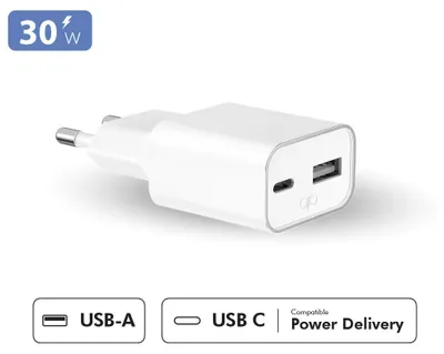 Immagine prodotto di Force Power, alimentatore Power Delivery GaN USB-A/USB-C 30W, bianco