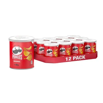 A 12-pack of Pringles Original chips in their signature red cans, arranged in a red tray.